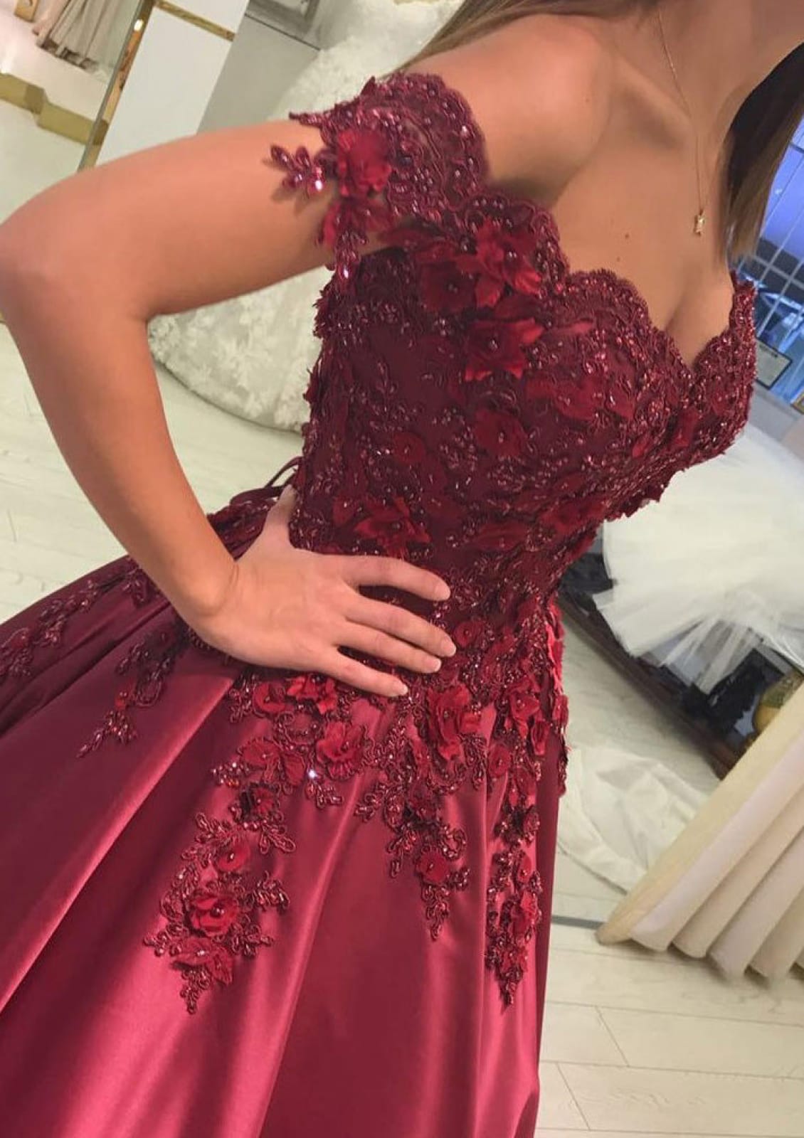 Off Shoulder Sweetheart Beaded Burgundy Satin Ball Gown Prom Dress Off Shoulder Sweetheart Beaded Burgundy Satin Ball Gown Prom Dress