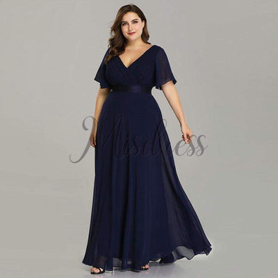 V Neck Short Sleeves Chiffon Wedding Bridesmaid Dress Evening Dress - 2 / Navy Blue - Prom Dresses