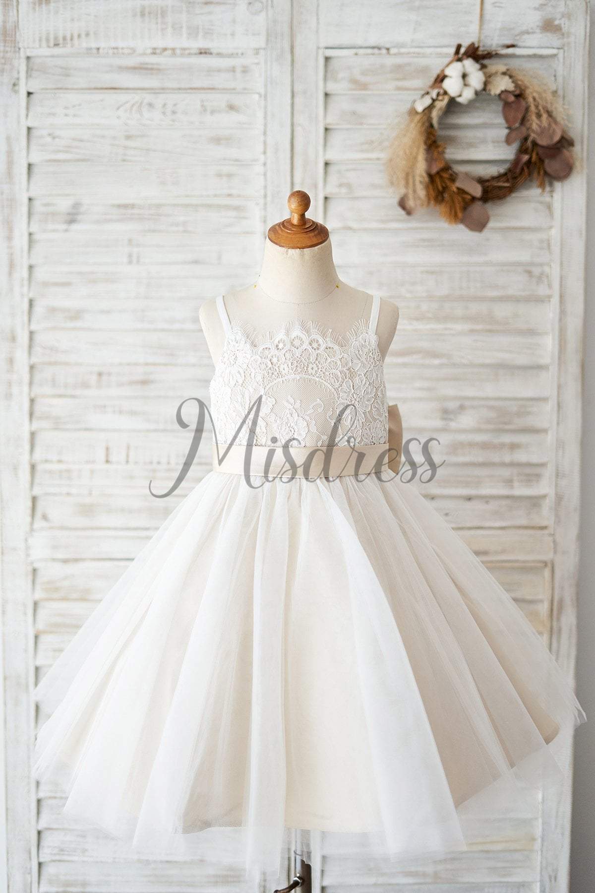 Spaghetti Straps Ivory Lace Tulle Wedding Flower Girl Dress, Champagne ...
