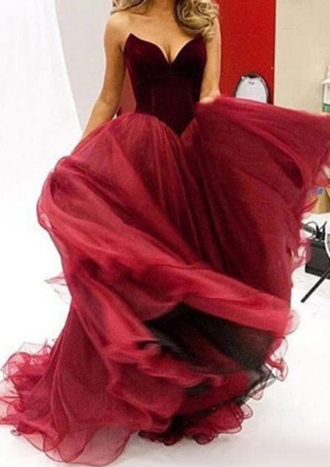Strapless Organza Velvet Burgundy & Crimson Basque Waist