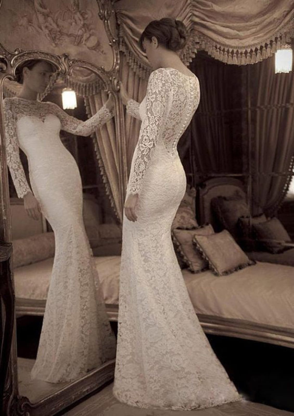 trumpet long sleeve wedding dress Trumpet Bateau Long Sleeve Button Sweep Fitted Lace Wedding Dress