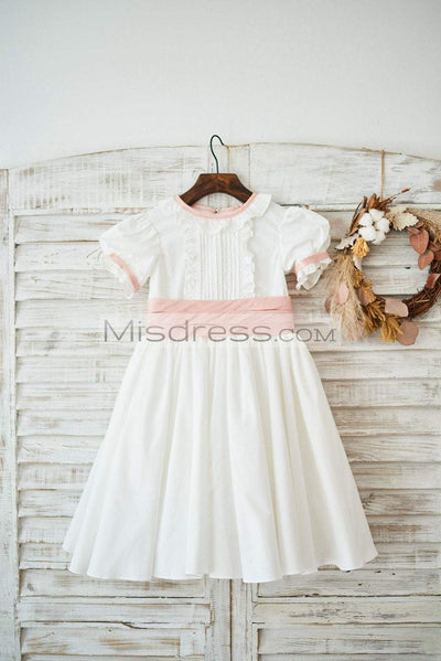 Vintage Ivory Cotton Short Sleeves Wedding Flower Girl Dress with Pink Bow Belt - Flower Girl Dresses