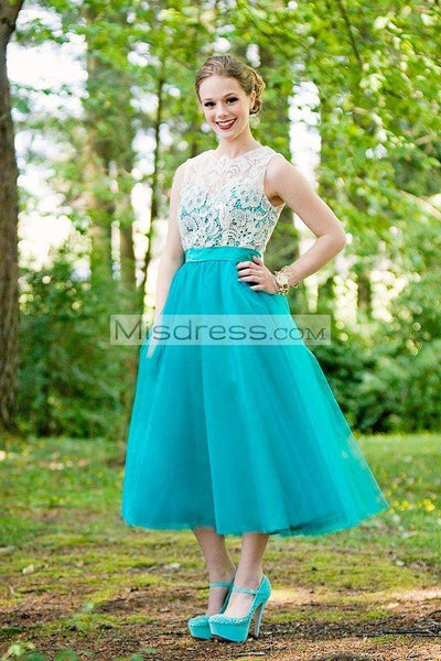 Vintage Ivory Lace Mint Blue Tulle Tea Skirt Prom Bridesmaid Dress - Bridesmaid Dresses