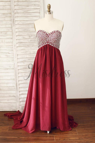 Wine Red Burgundy Chiffon Bridesmaid Dress Prom Dress Strapless Beaded Dress - Bridesmaid Dresses