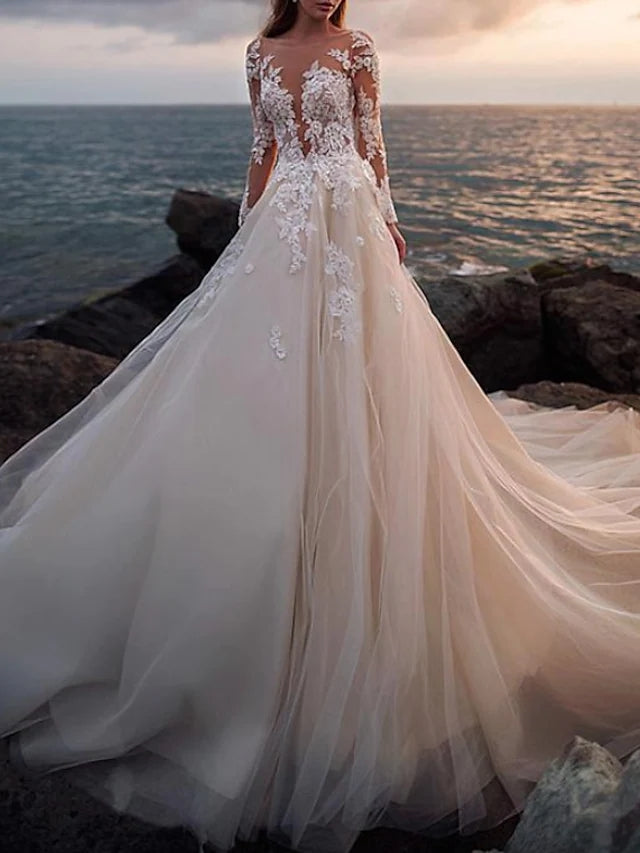 A-Line Wedding Dress Illusion Long Sleeve Chapel Bateau Floral Lace Bridal Gown A-Line Wedding Dress Illusion Long Sleeve Chapel Bateau Floral Lace Bridal Gown