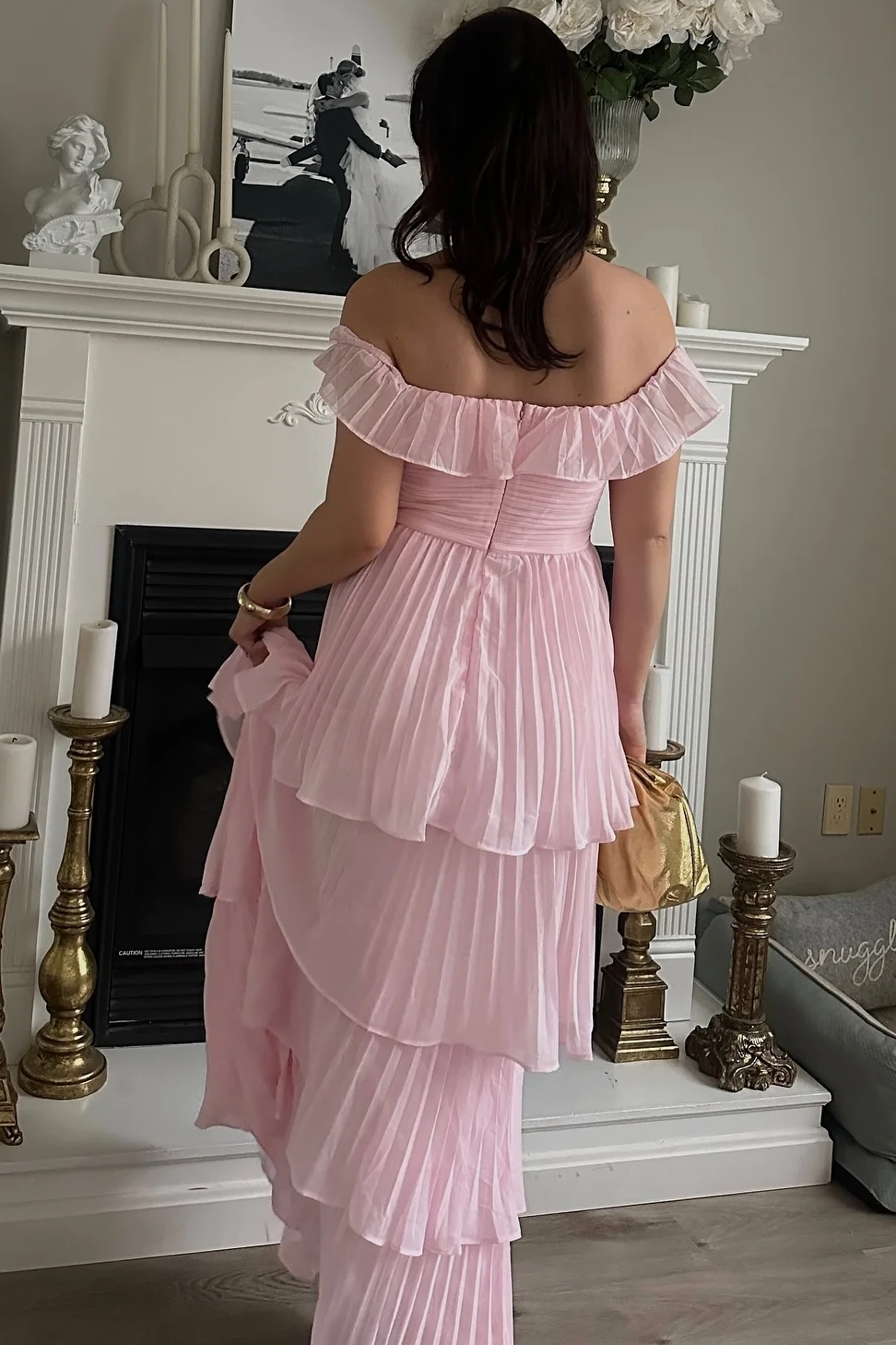 Off-Shoulder A-Line Pleated Empire-Waist Ruffles Long Formal Prom Dress