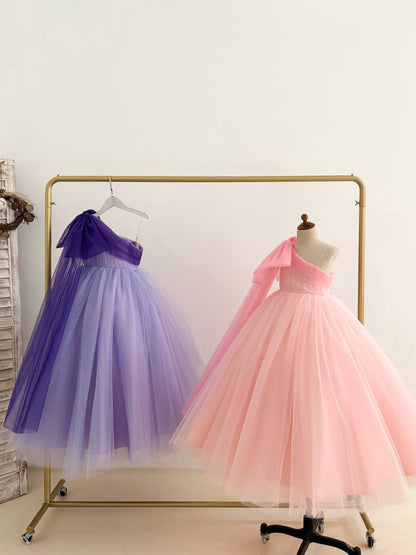 Ball Gown One Shoulder Draped Pink Tulle Flower Girl Dress Pageant Party