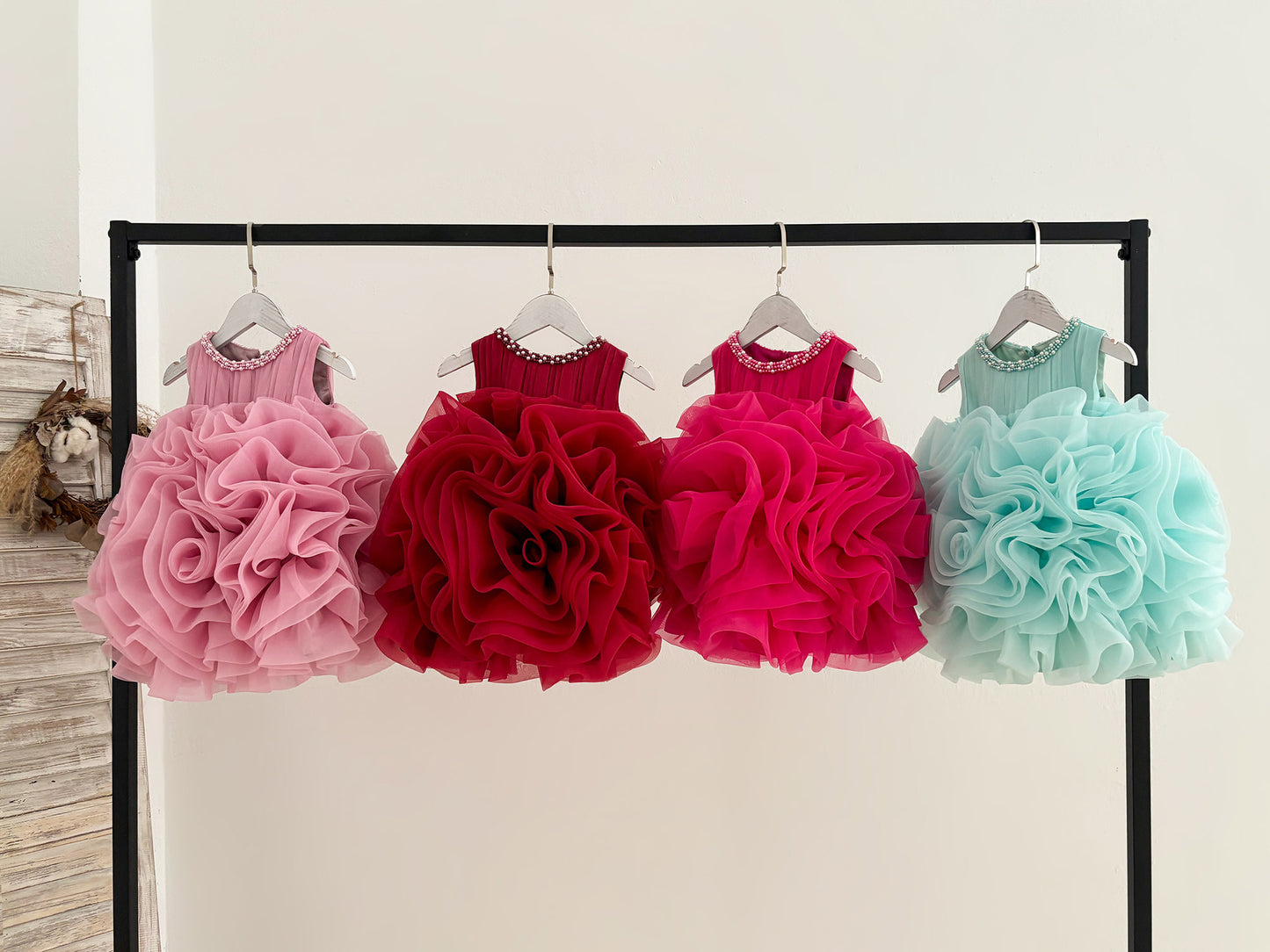 Ball Gown Beaded Sleeveless Rosette Organza Knee Length Kids Party Flower Girl Dress