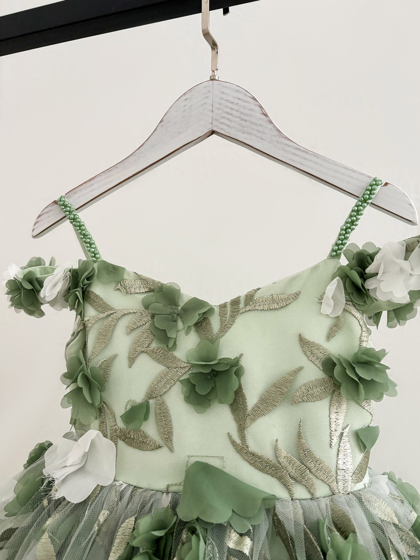 Green 3D Lace Flower Tulle Floor Length Wedding Flower Girl Dress Kids Pageant Gown