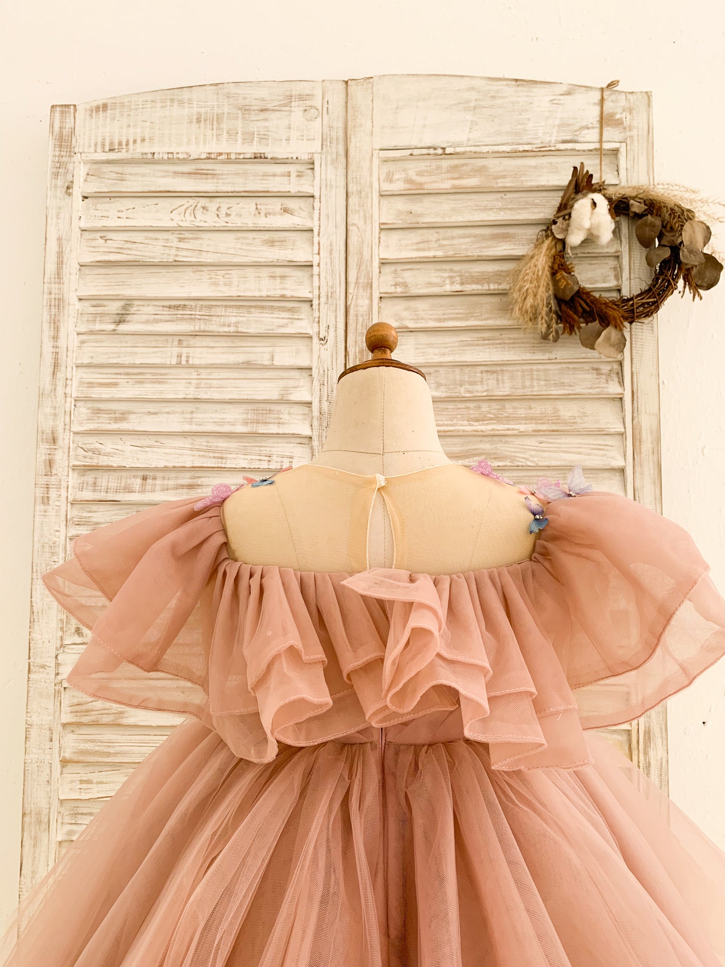3D Butterflies Mauve Tulle Ruffles Wedding Flower Girl Dress Birthday Party