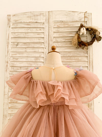 3D Butterflies Mauve Tulle Ruffles Wedding Flower Girl Dress Birthday Party