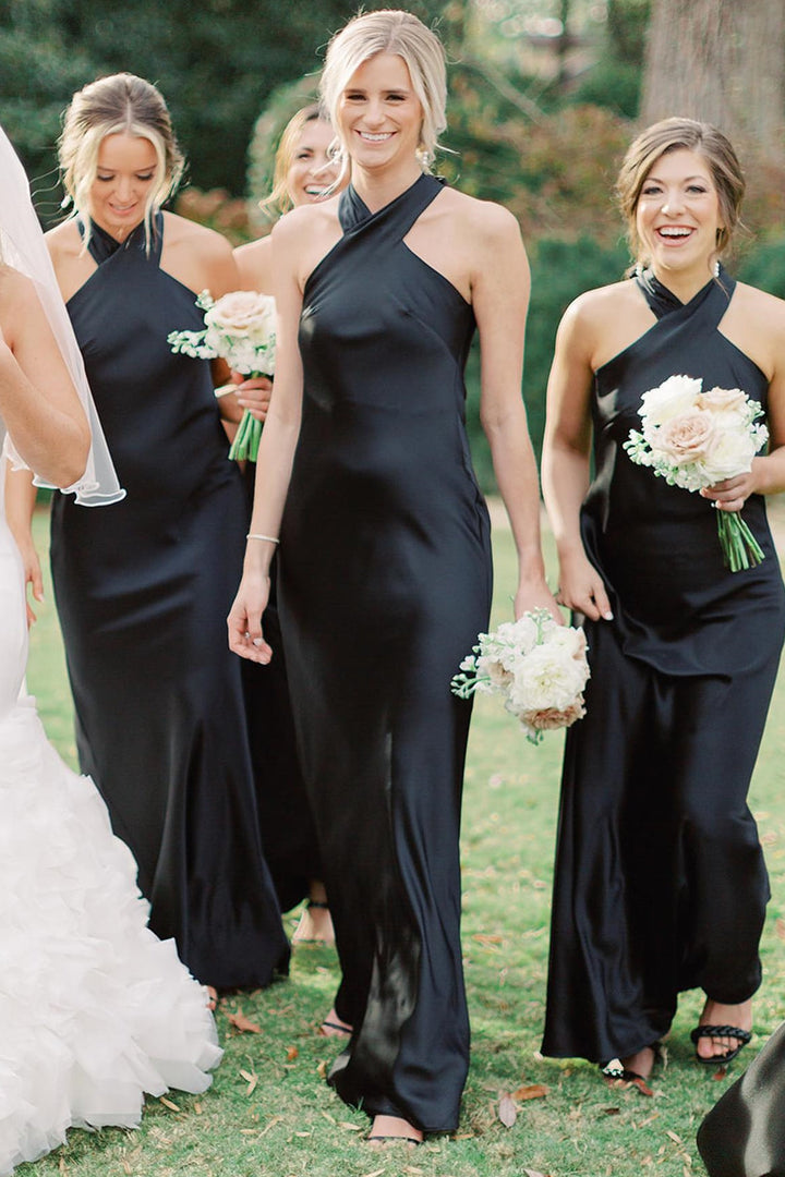Halter Sheath Black Charmeuse Cutout Back Long Bridesmaid Dress, Bow