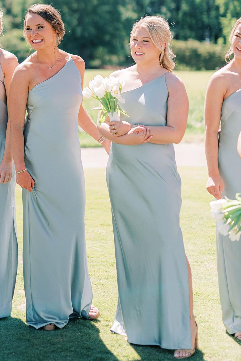 Long One-Shoulder Sheath Bridesmaid Dress in Dusty Sage Color