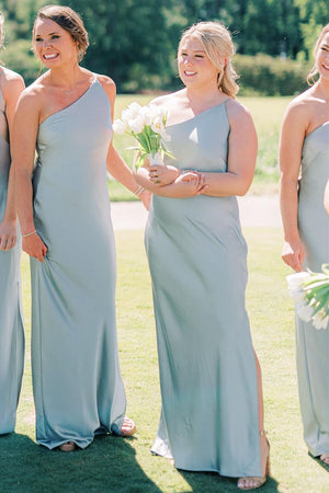 Long One-Shoulder Sheath Bridesmaid Dress in Dusty Sage Color