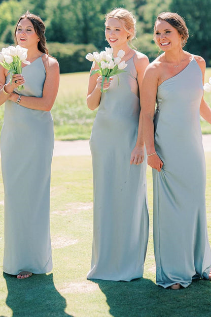 Long One-Shoulder Sheath Bridesmaid Dress in Dusty Sage Color