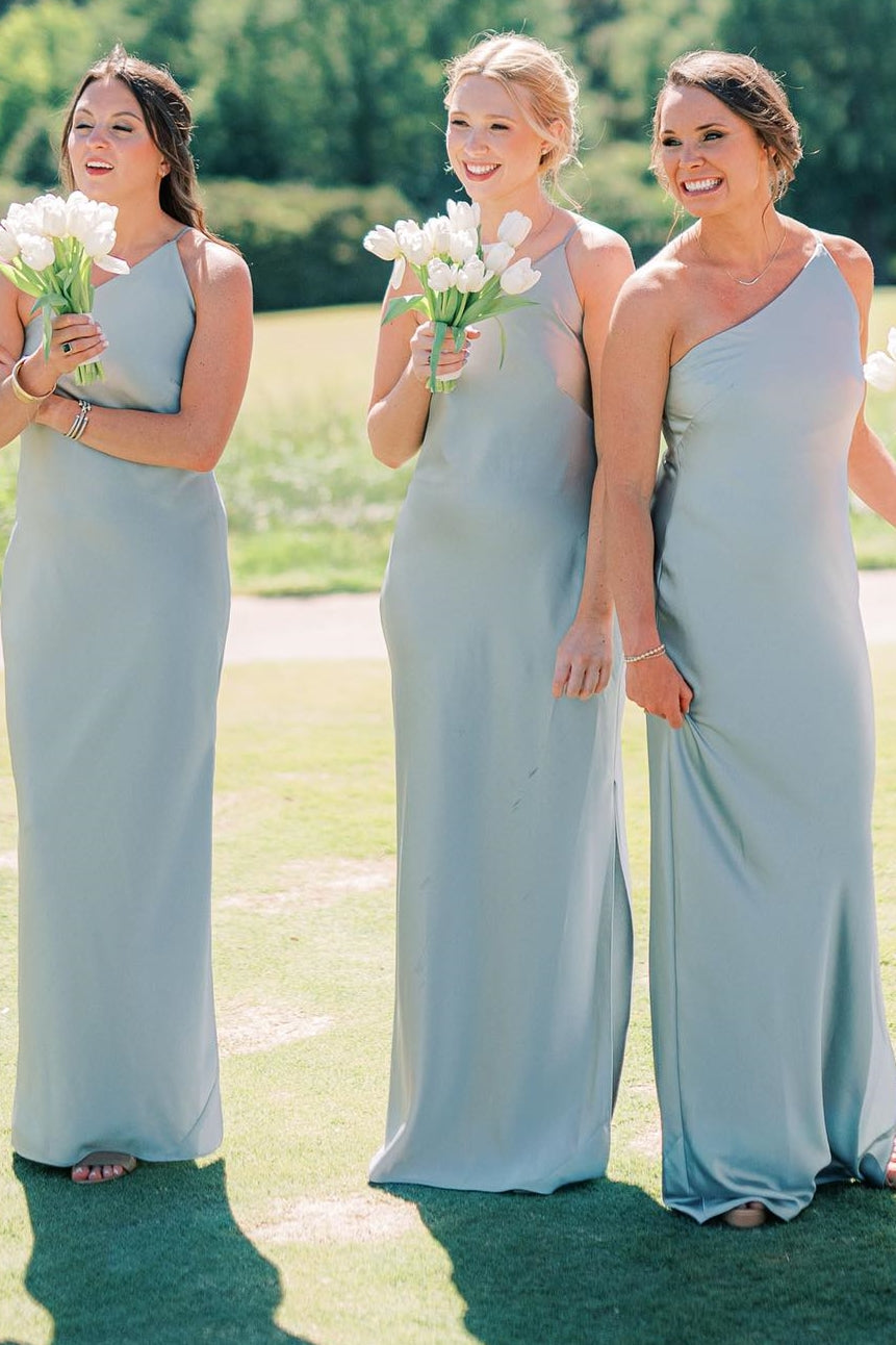 Sheath Dusty Sage Long Asymmetrical One-Shoulder Bridesmaid Dress