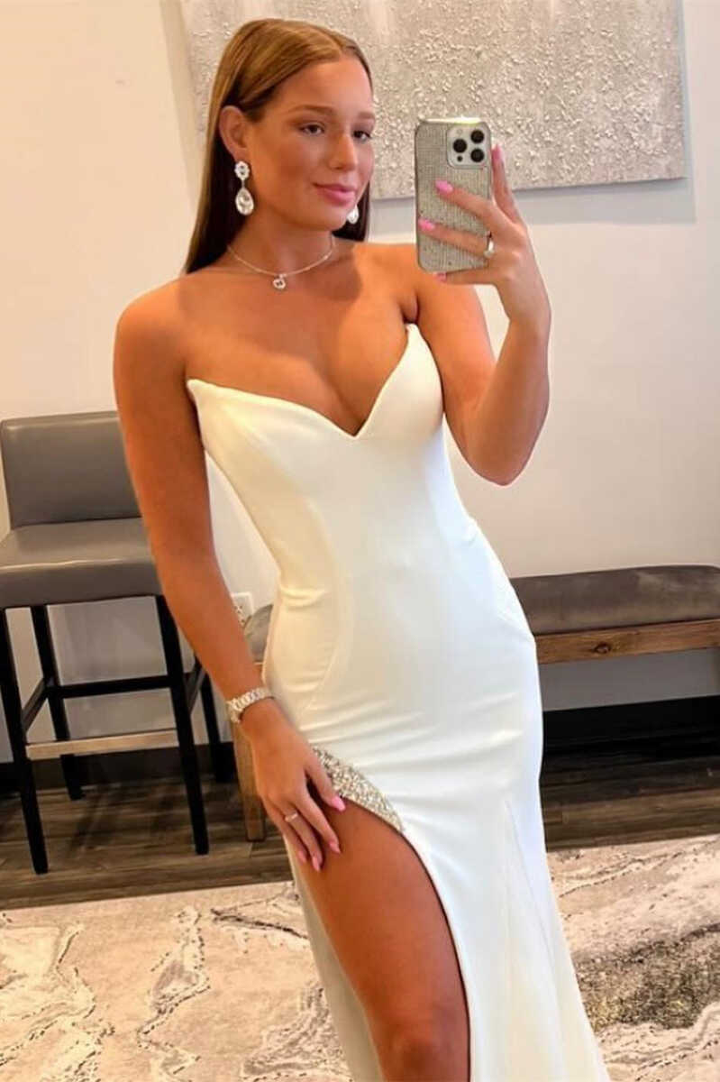 Strapless Mermaid Long Prom Dress with Rhinestone Trimmed Slit