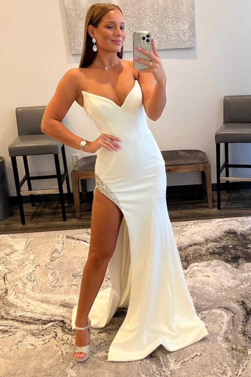 Strapless Mermaid Long Prom Dress with Rhinestone Trimmed Slit