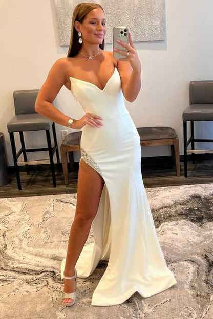 Strapless Mermaid Long Prom Dress with Rhinestone Trimmed Slit