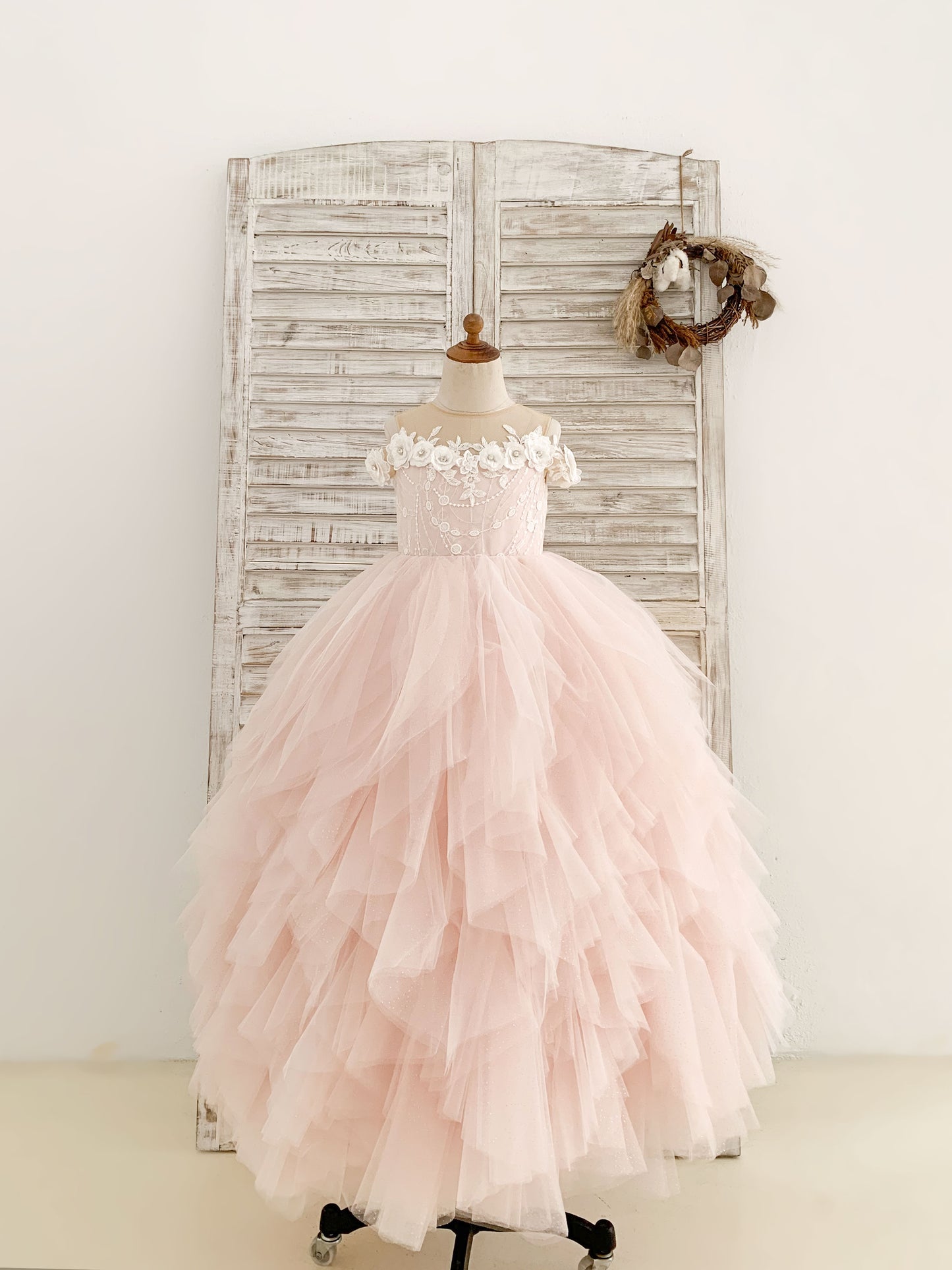 Off-Shoulder Pink Tulle Ruffle Wedding Flower Girl Dress Kids Birthday Gown
