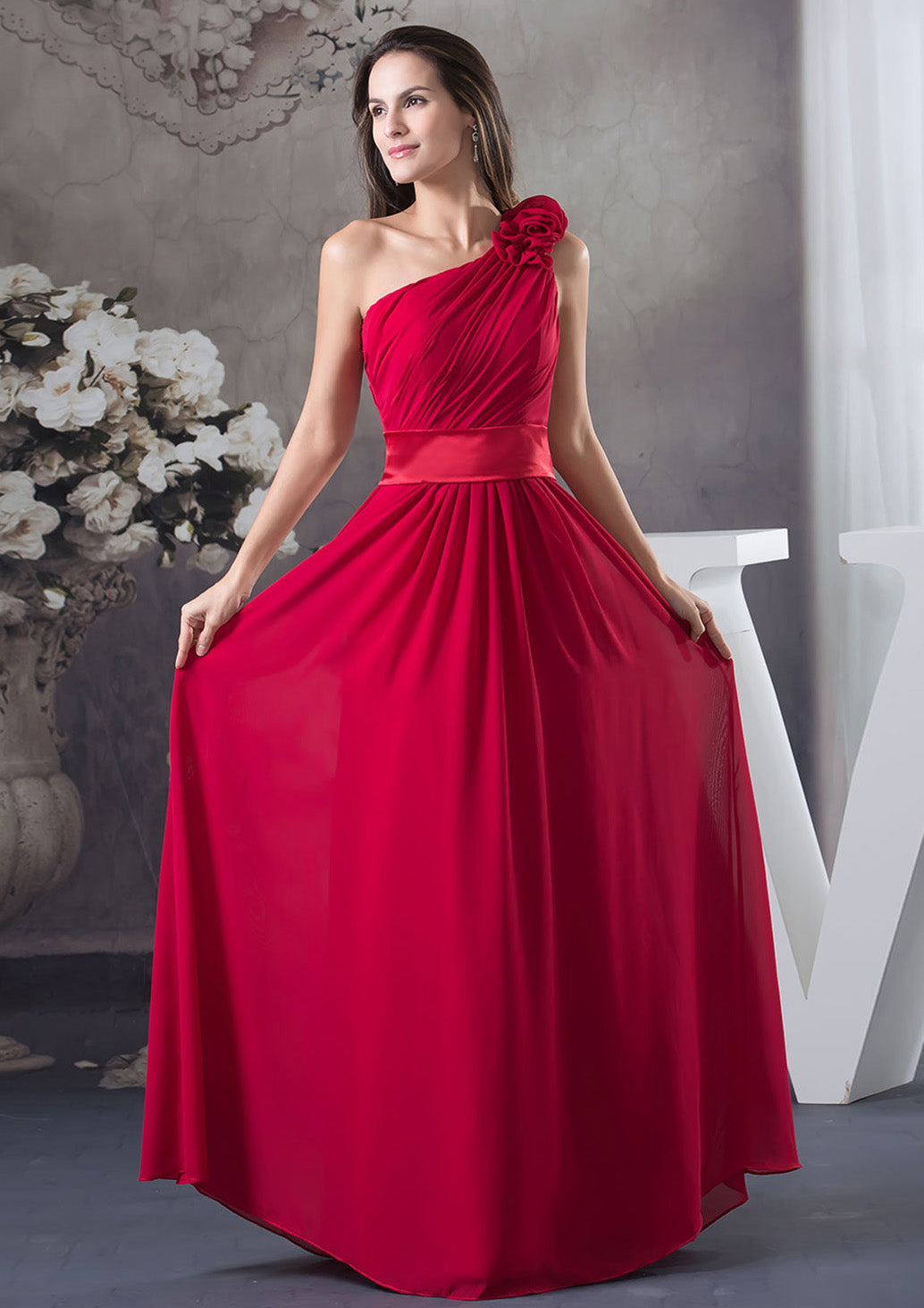 Vestido de dama de honor de chifón con corte en A, de un solo hombro, hasta el suelo, con flores plisadas