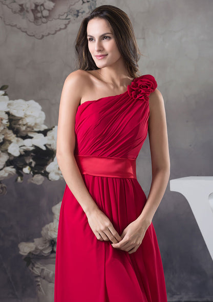 Vestido de dama de honor de chifón con corte en A, de un solo hombro, hasta el suelo, con flores plisadas