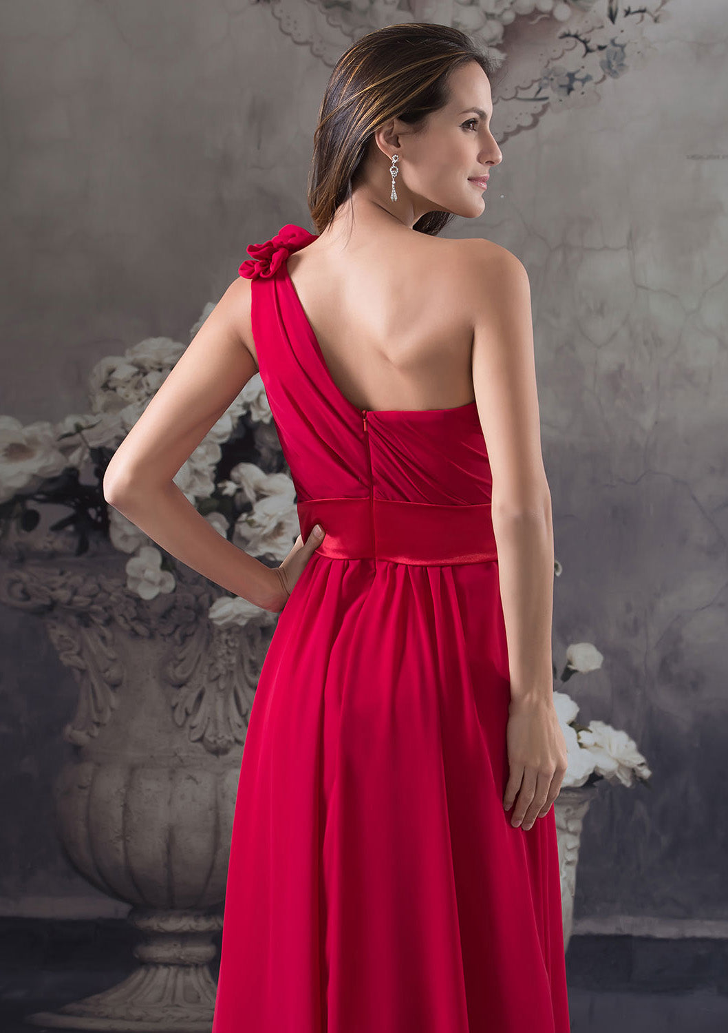 Vestido de dama de honor de chifón con corte en A, de un solo hombro, hasta el suelo, con flores plisadas