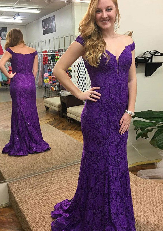 Lace Prom Dress Sheath Off Shoulder Plunging Sleeveless Sweep Train Purple