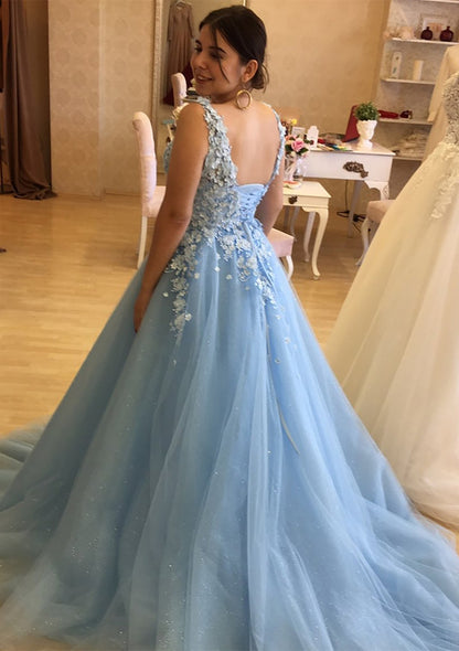 Princess Prom Dress V Neck Sleeveless 3D Flowers Glitter Tulle Court Train