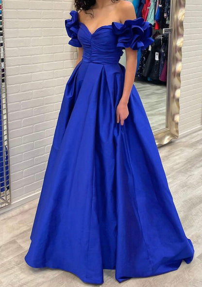 A-line Off Shoulder Ruffled Sleeve Blue Taffeta Long Sweep Train Prom Gown