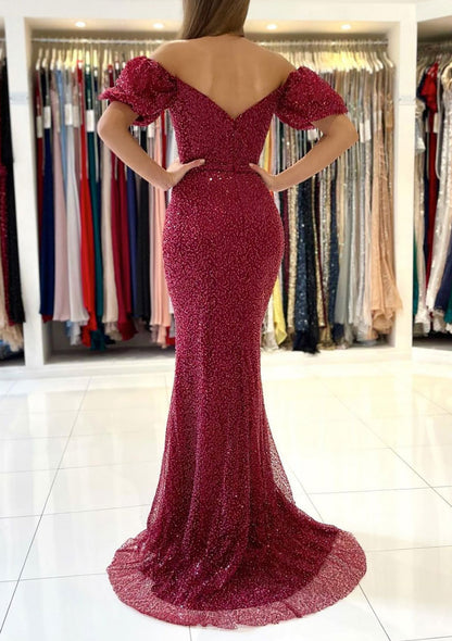 Mermaid Prom Dress Off Shoulder Sweetheart Sweep Train Metallic Yarn Sequins