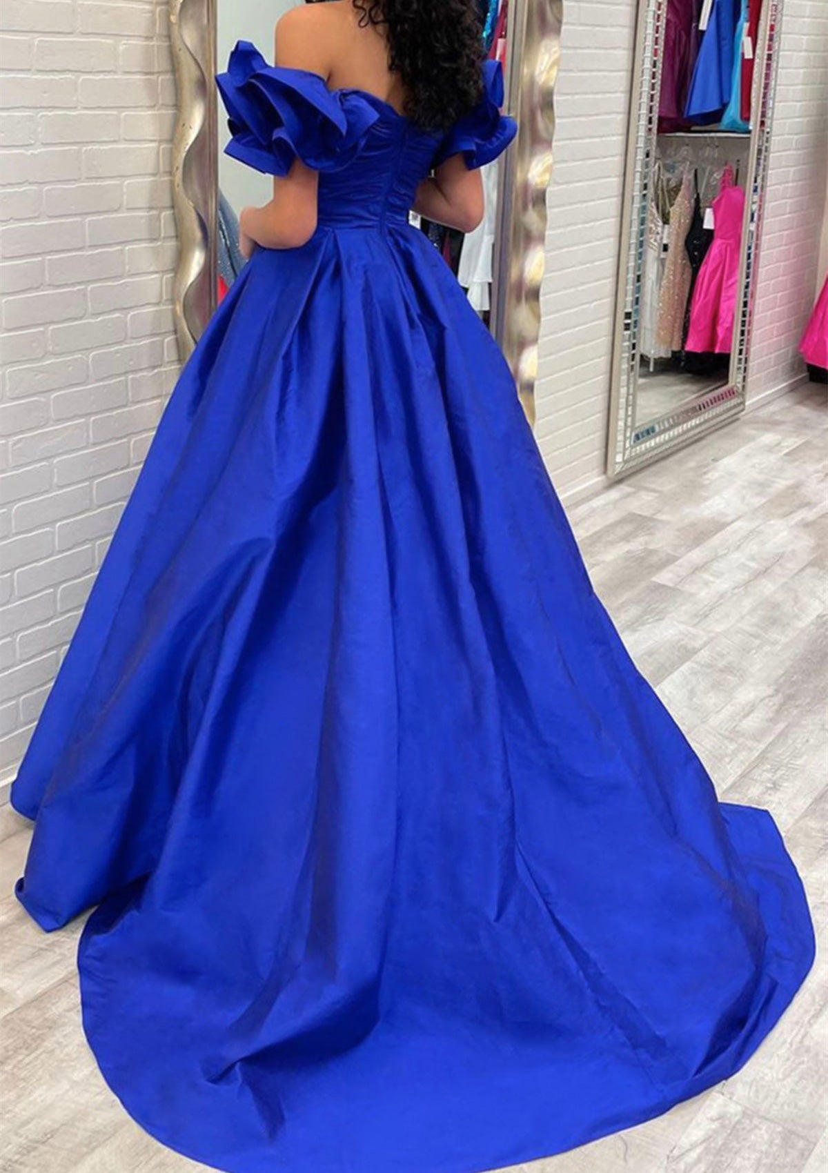 A-line Off Shoulder Ruffled Sleeve Blue Taffeta Long Sweep Train Prom Gown