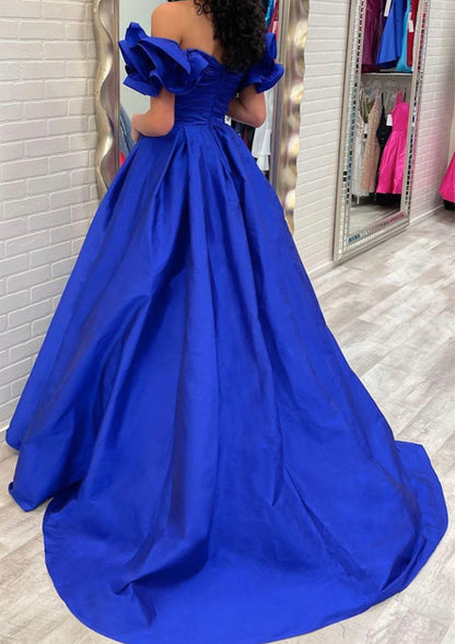 A-line Off Shoulder Ruffled Sleeve Blue Taffeta Long Sweep Train Prom Gown