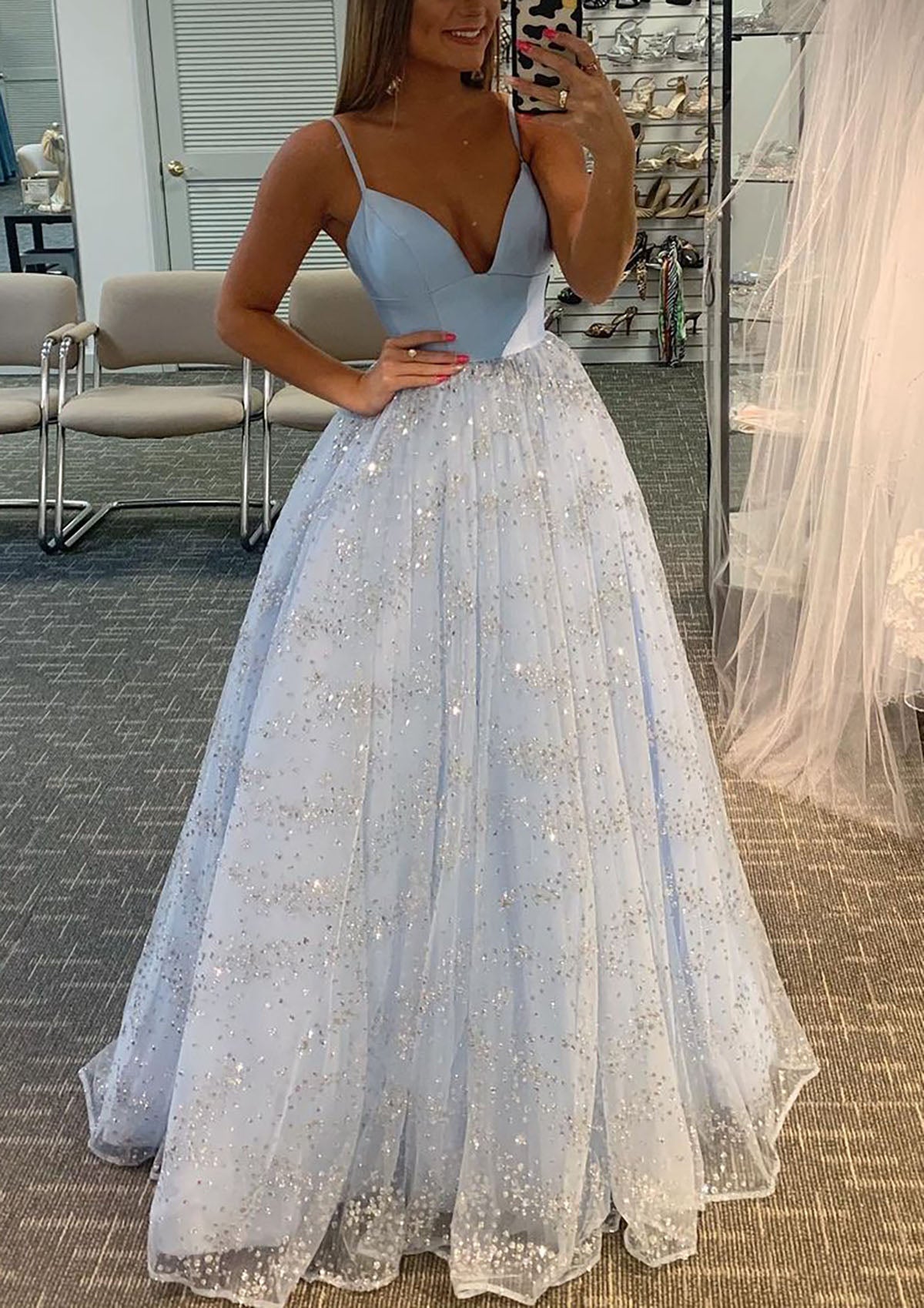 Glitter Prom Dress Princess A-line V-neck Sleeveless Tulle Satin Sweep Train