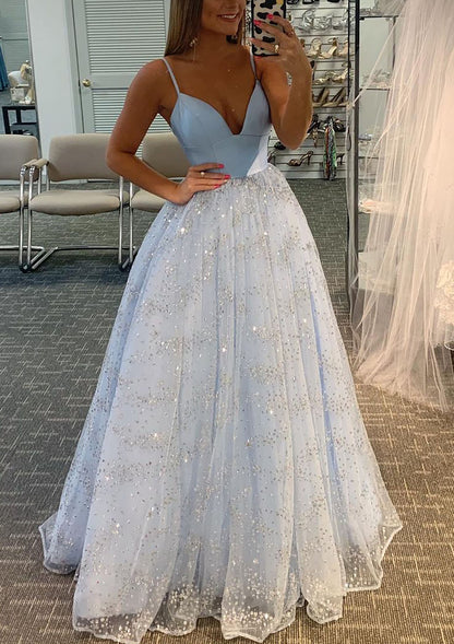 Glitter Prom Dress Princess A-line V-neck Sleeveless Tulle Satin Sweep Train