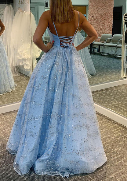 Glitter Prom Dress Princess A-line V-neck Sleeveless Tulle Satin Sweep Train