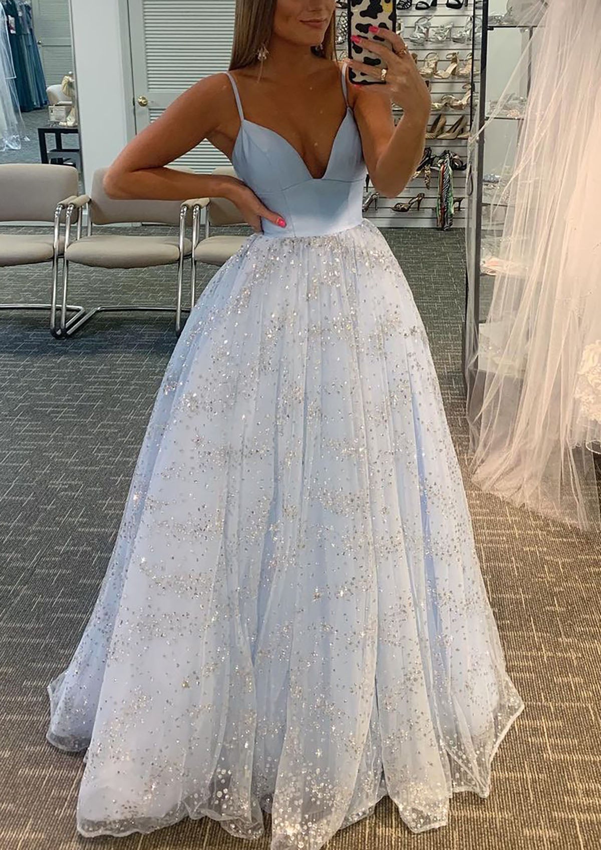 Glitter Prom Dress Princess A-line V-neck Sleeveless Tulle Satin Sweep Train