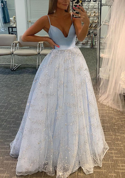 Glitter Prom Dress Princess A-line V-neck Sleeveless Tulle Satin Sweep Train