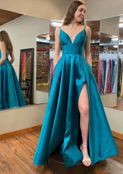 A-line Prom Dress V Neck Sleeveless Satin Floor-Length, Pockets Split