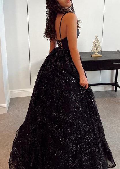Glitter Prom Dress Princess A-line V-neck Sleeveless Tulle Satin Sweep Train