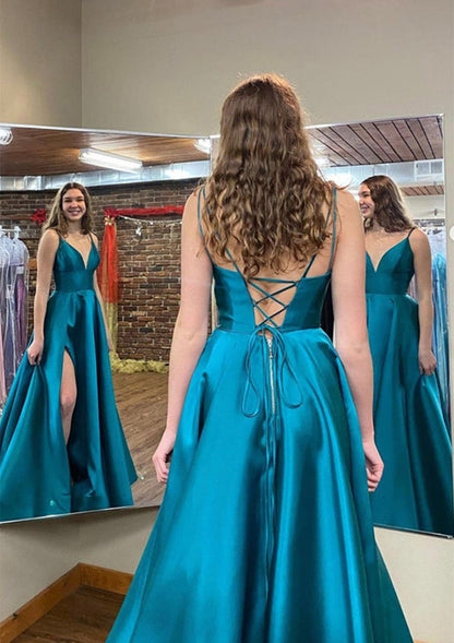 A-line Prom Dress V Neck Sleeveless Satin Floor-Length, Pockets Split