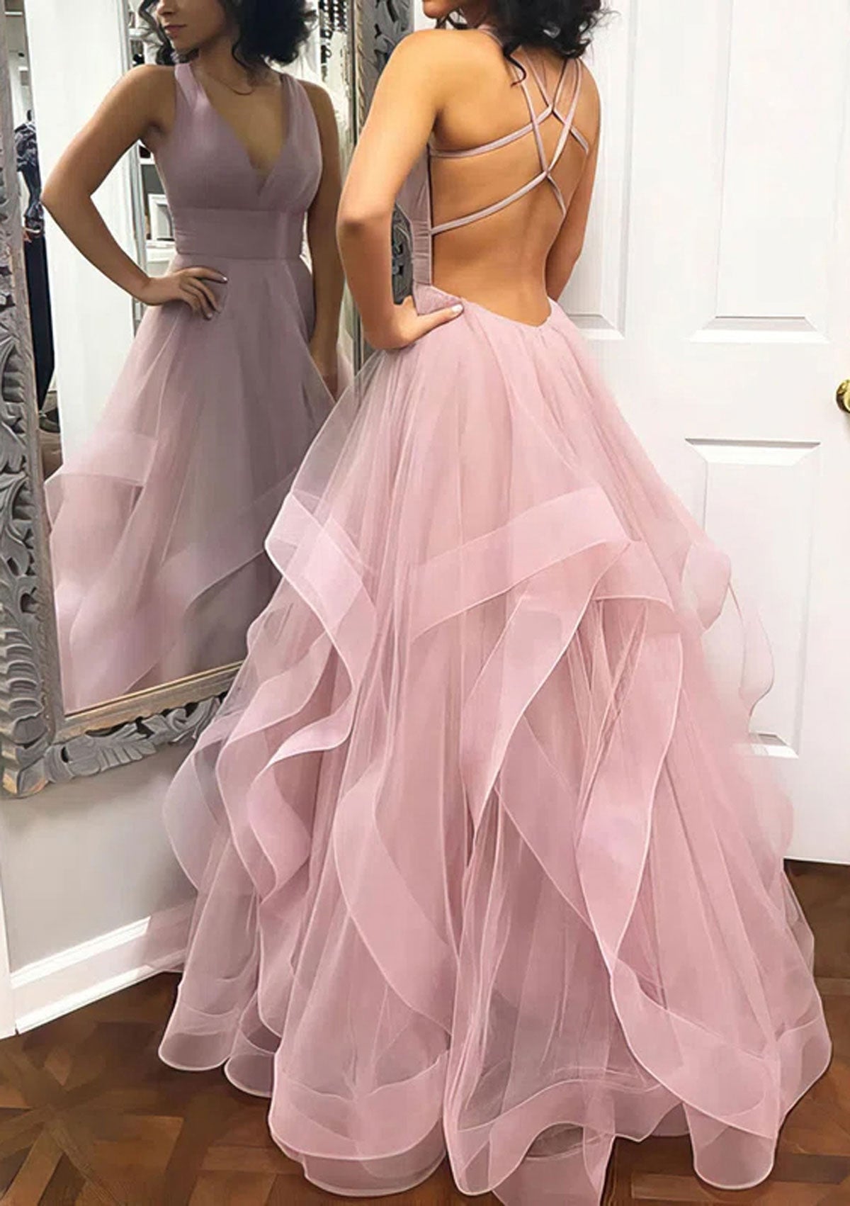 Princess Prom Dress V Neck Sleeveless Strappy Back Long Ruffled Tulle