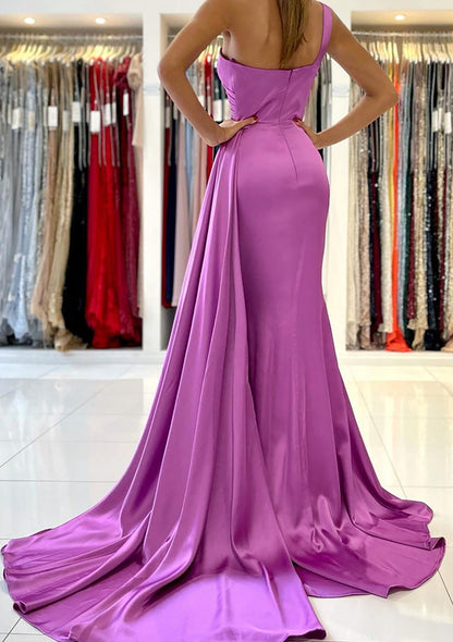 Trumpet Prom Dress One-Shoulder Sleeveless Sweep Train Satin Long, Draping