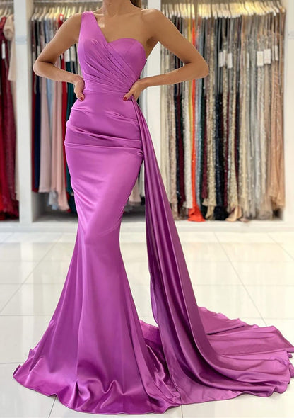 Trumpet Prom Dress One-Shoulder Sleeveless Sweep Train Satin Long, Draping