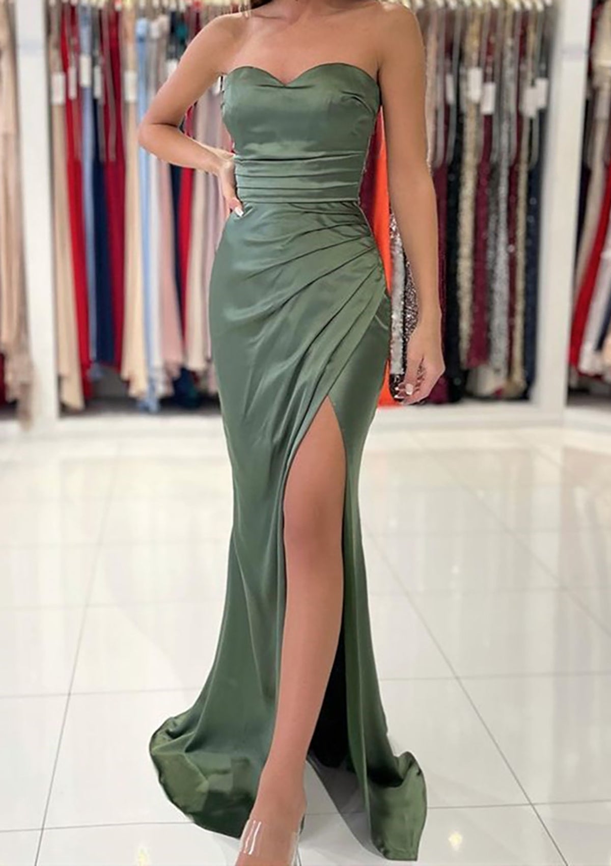 Sheath Strapless Sweetheart Split Charmeuse Floor-Length Prom Dress
