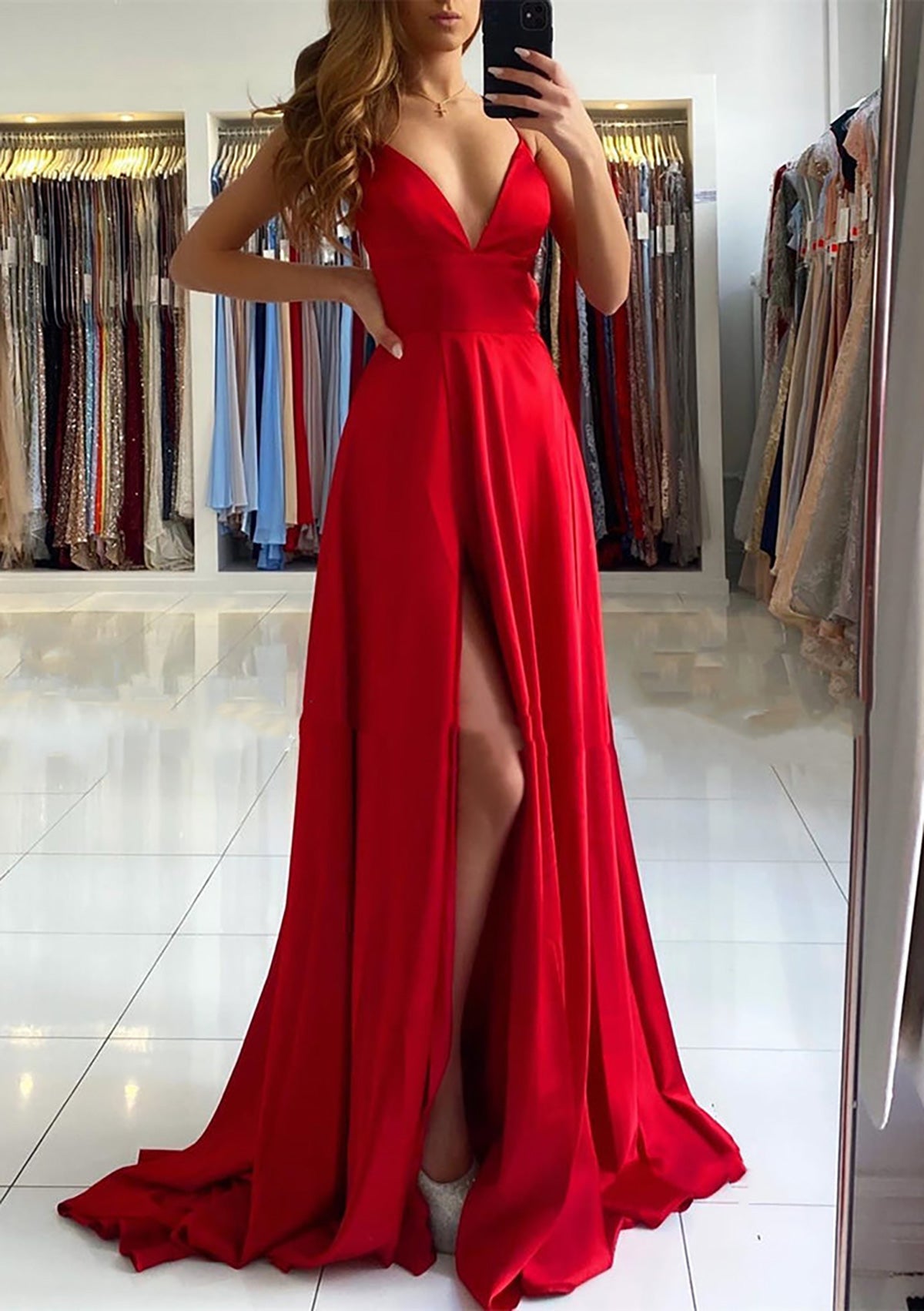 A-line Prom Dress V Neck Sleeveless Red Charmeuse Sweep Train, Split