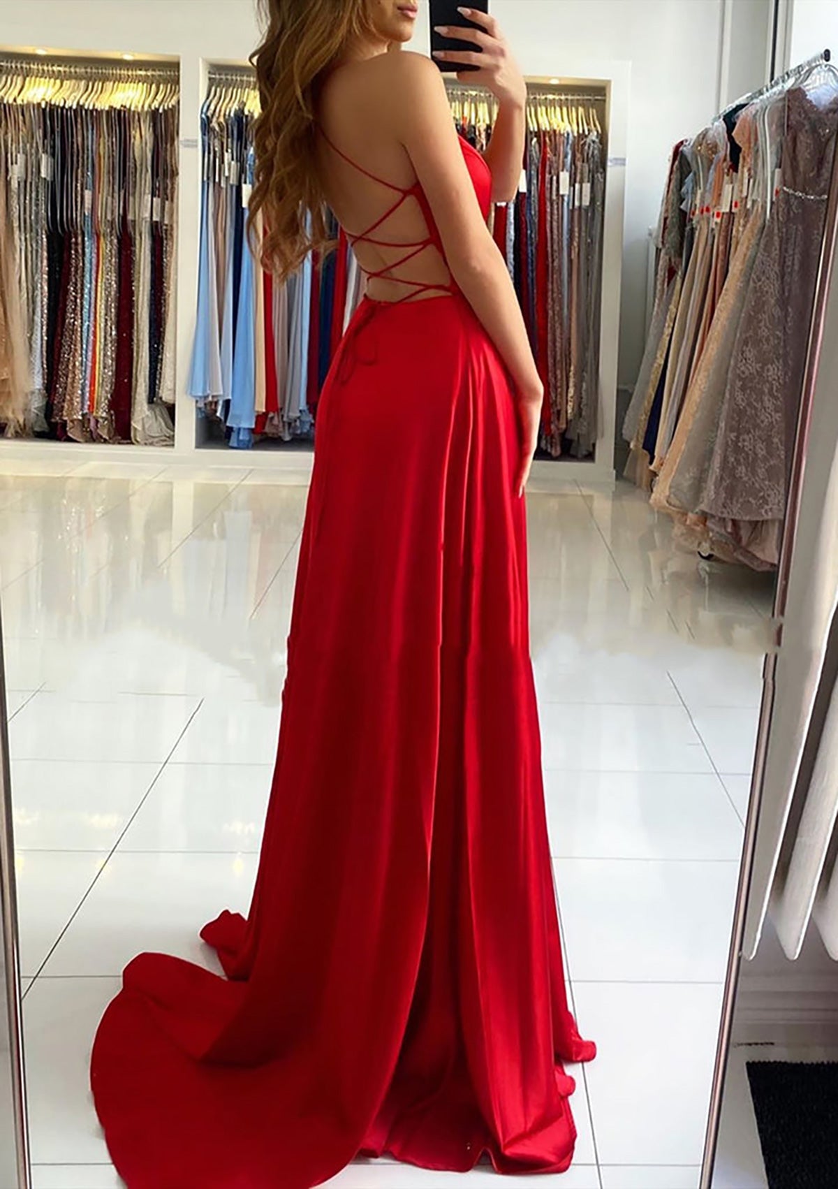 A-line Prom Dress V Neck Sleeveless Red Charmeuse Sweep Train, Split