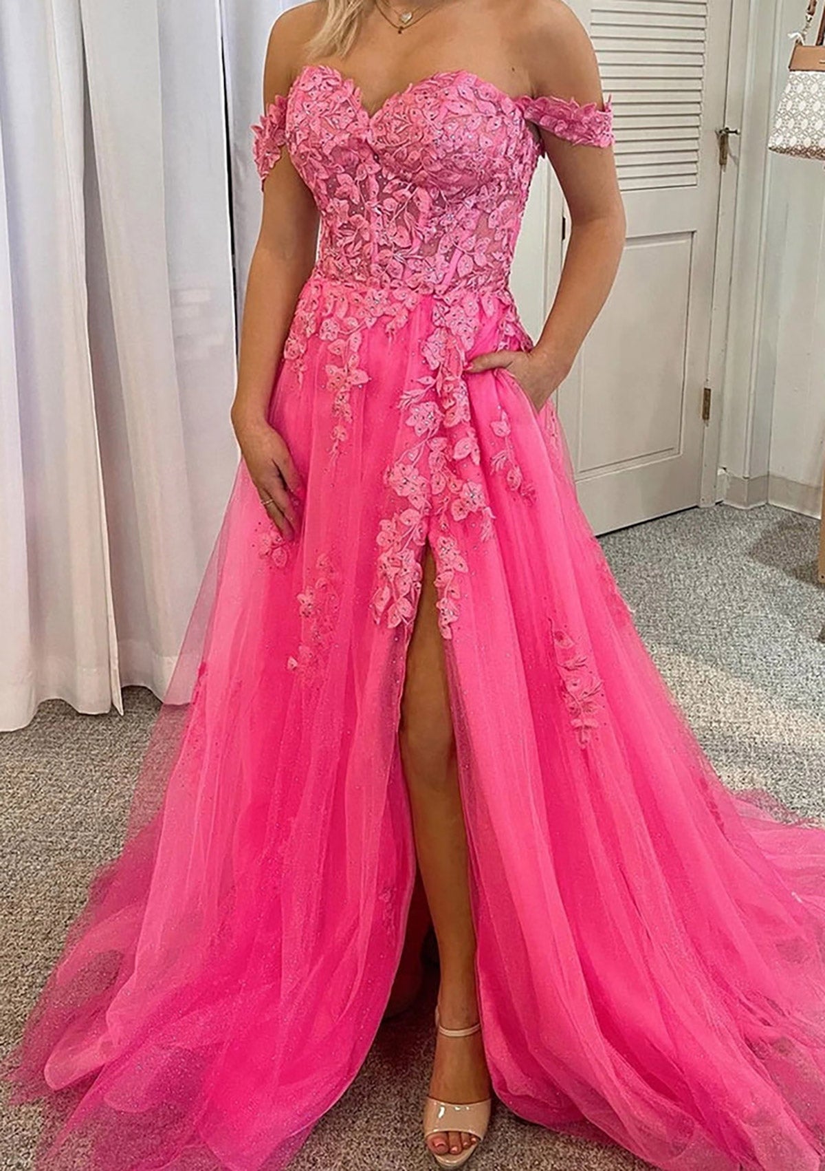 Vestido de Fiesta Corte A Escote Bardot sin Mangas Cola de Corte Encaje Tul, Bolsillos Abertura