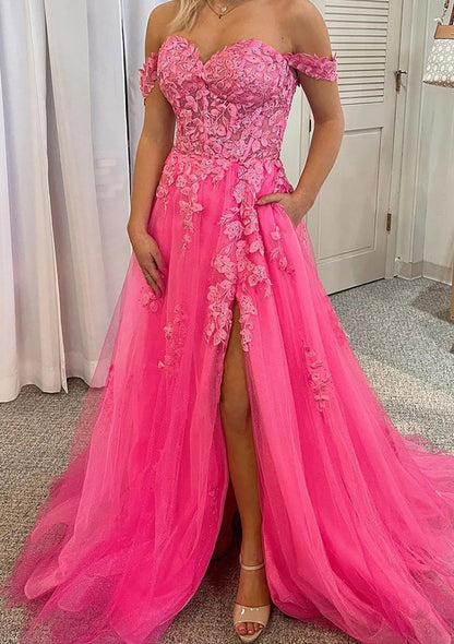 Vestido de Fiesta Corte A Escote Bardot sin Mangas Cola de Corte Encaje Tul, Bolsillos Abertura