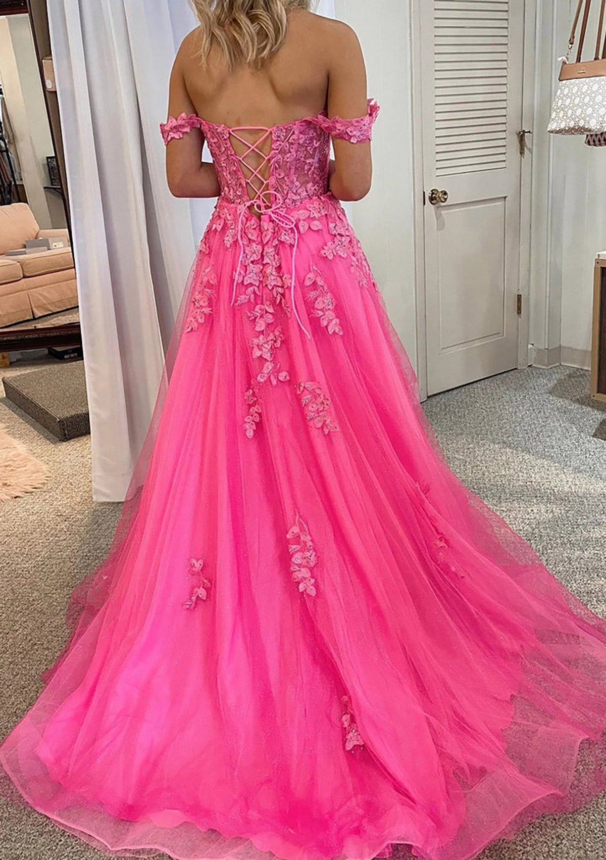 Vestido de Fiesta Corte A Escote Bardot sin Mangas Cola de Corte Encaje Tul, Bolsillos Abertura
